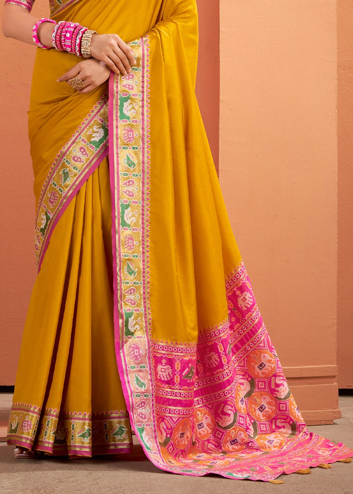 Mustard Yellow Patola Silk Saree with Contrast Border & Pallu