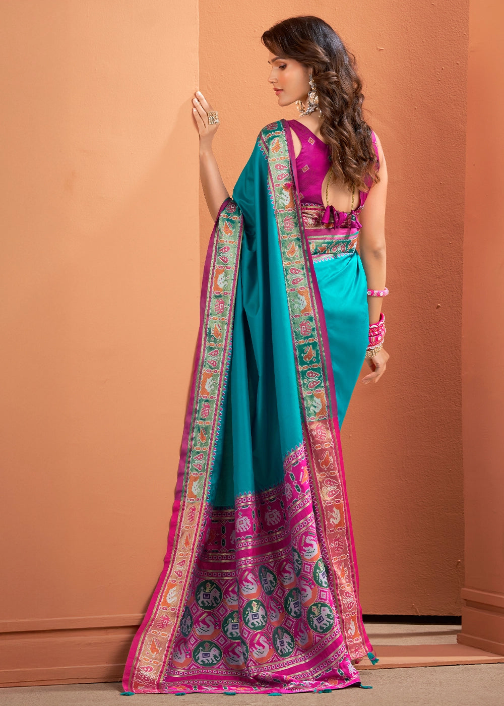 Cerulean Blue Patola Silk Saree with Contrast Border & Pallu