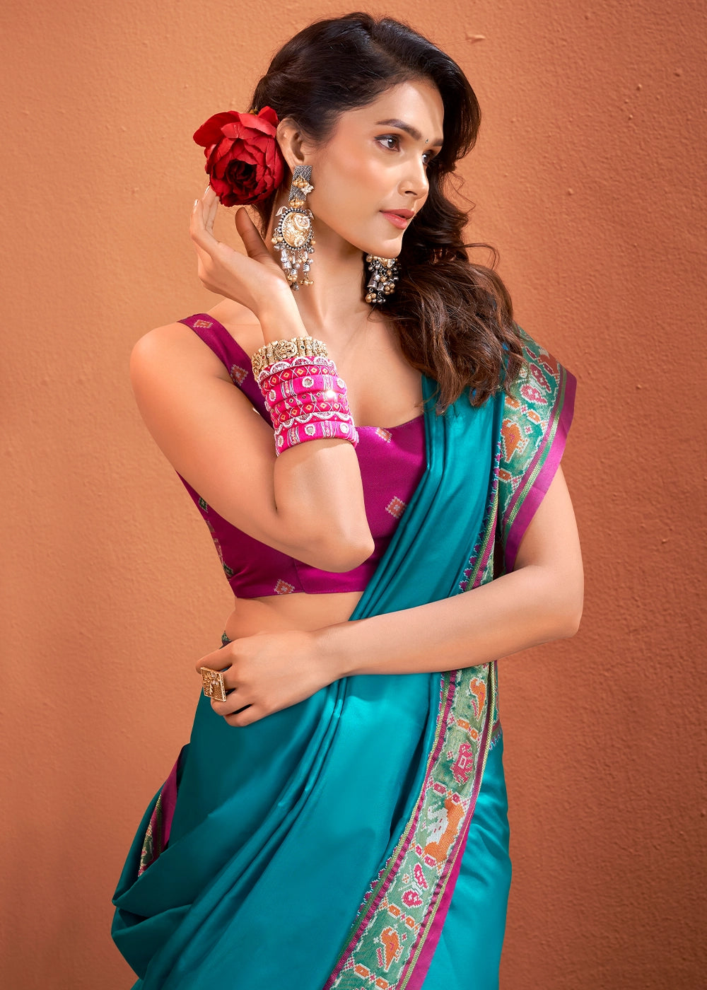 Cerulean Blue Patola Silk Saree with Contrast Border & Pallu