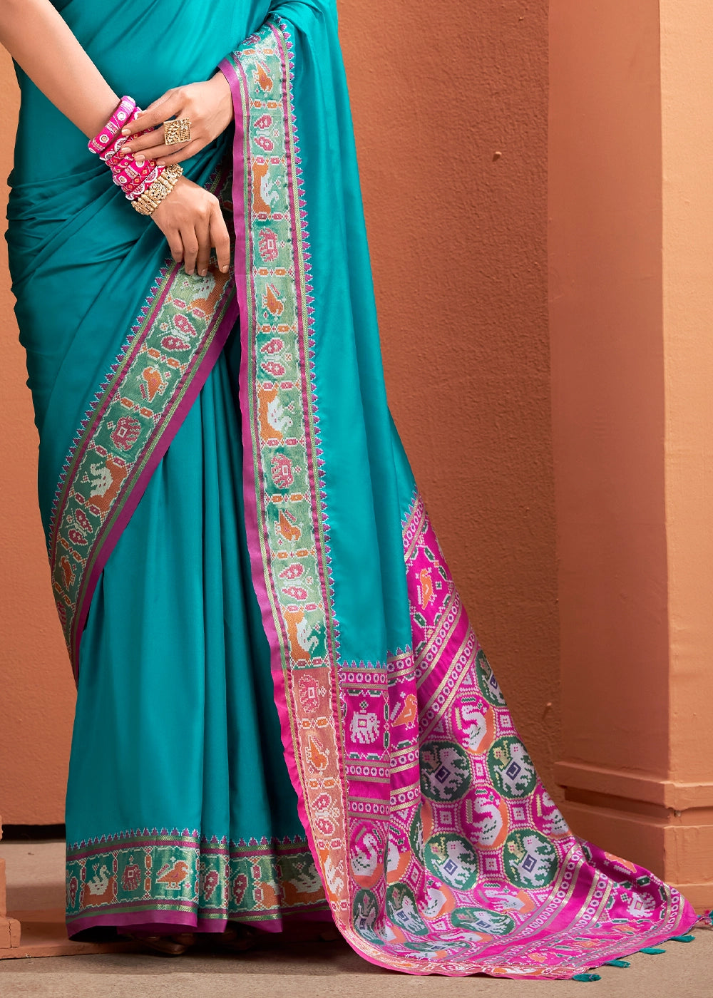 Cerulean Blue Patola Silk Saree with Contrast Border & Pallu