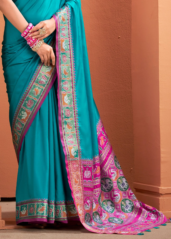 Cerulean Blue Patola Silk Saree with Contrast Border & Pallu