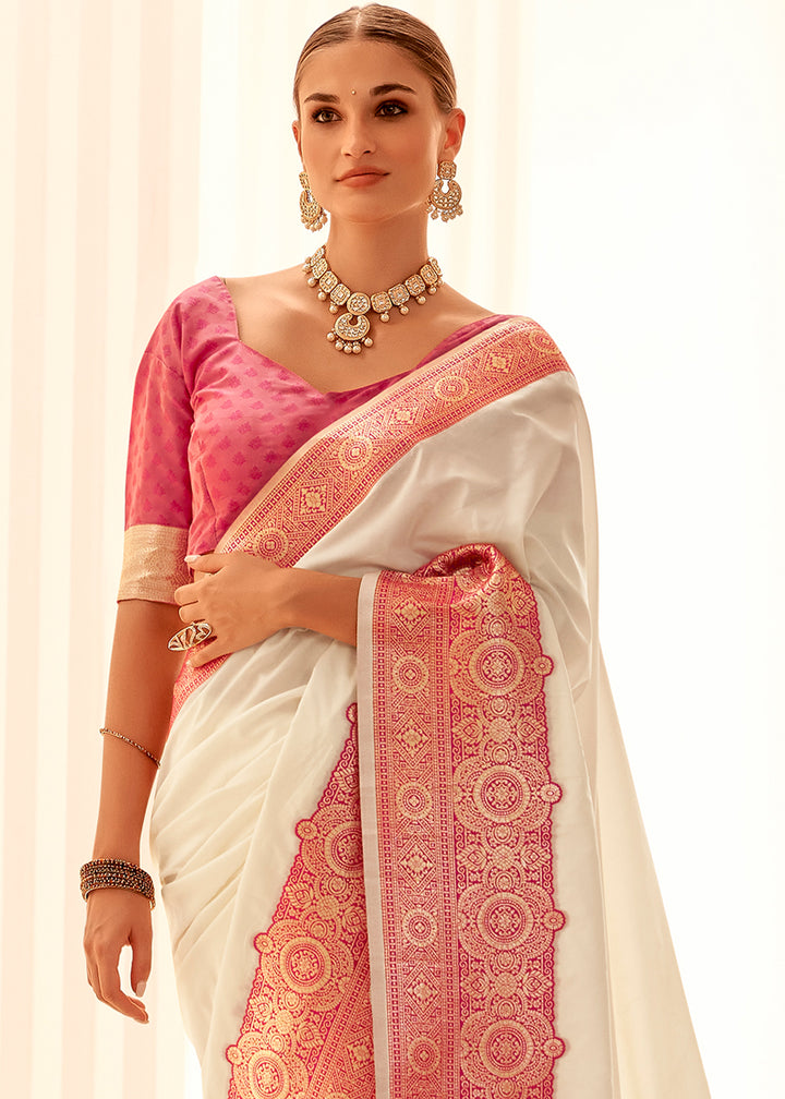 Pearl White Soft Silk Saree with Bold Contrast Border Weaving