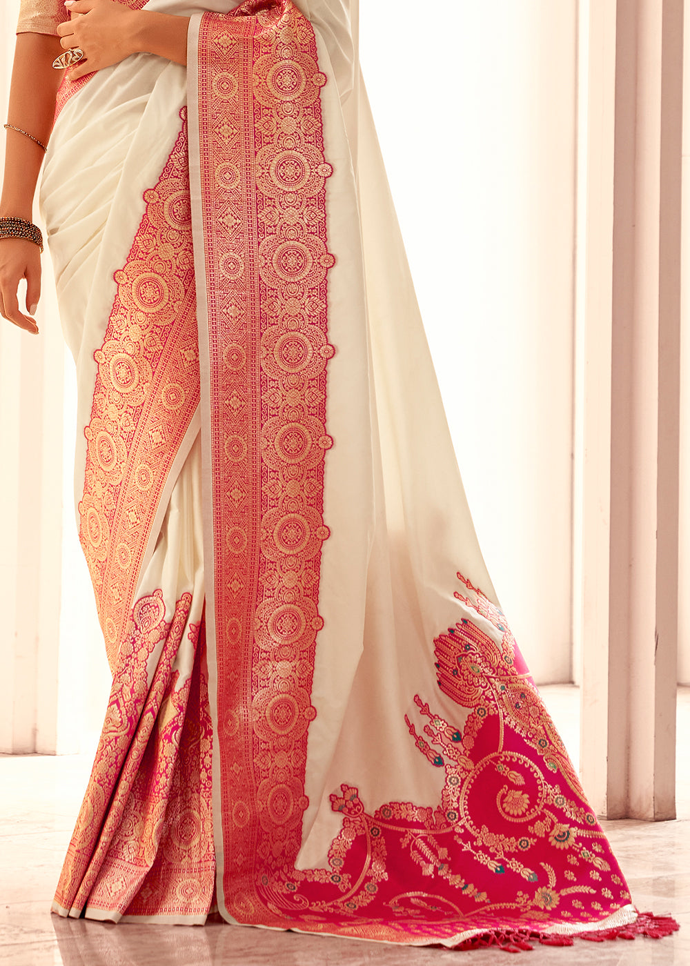 Pearl White Soft Silk Saree with Bold Contrast Border Weaving