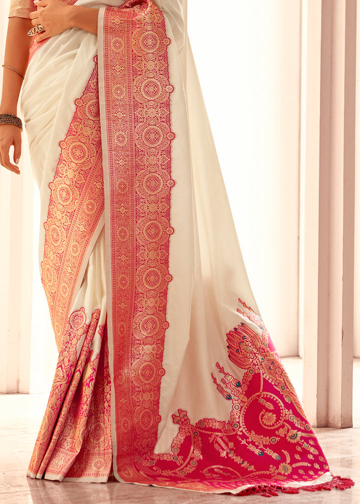 Pearl White Soft Silk Saree with Bold Contrast Border Weaving