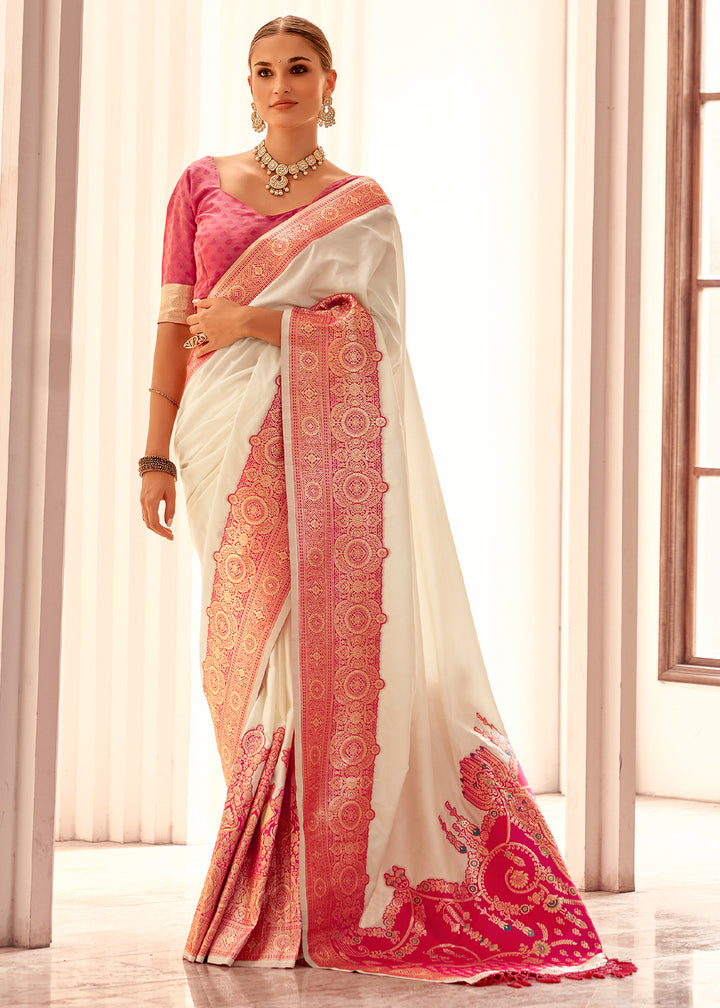 Pearl White Soft Silk Saree with Bold Contrast Border Weaving