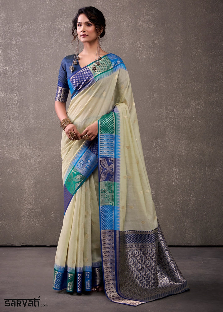 Tea Green Saree in Soft Modal Cotton with Rich Zari Weaving