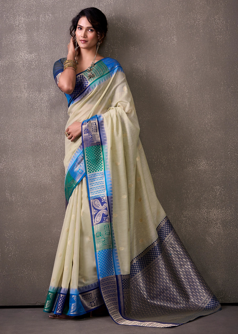 Tea Green Saree in Soft Modal Cotton with Rich Zari Weaving
