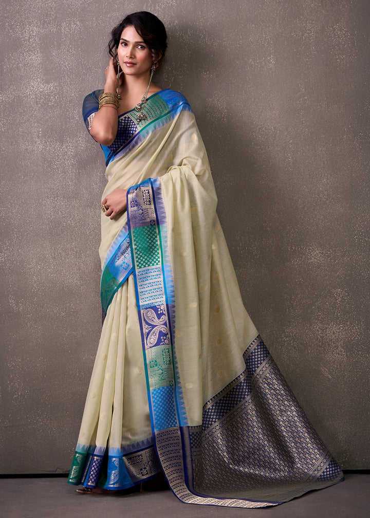 Tea Green Saree in Soft Modal Cotton with Rich Zari Weaving
