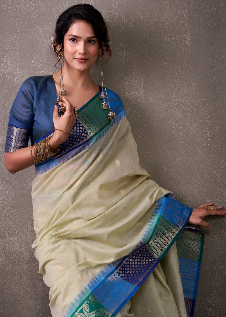Tea Green Saree in Soft Modal Cotton with Rich Zari Weaving
