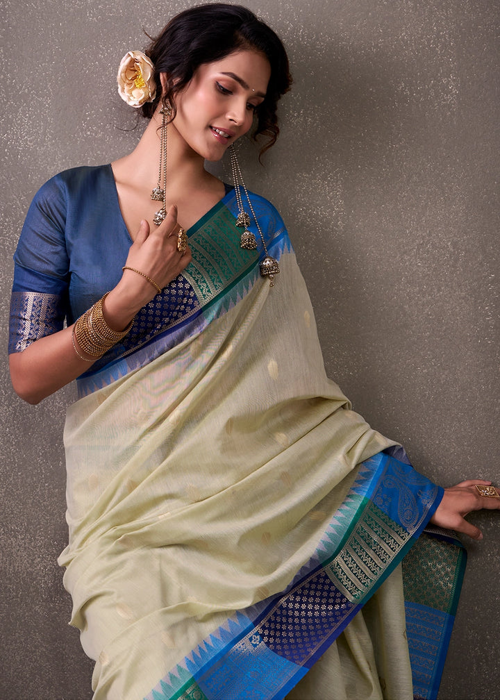 Tea Green Saree in Soft Modal Cotton with Rich Zari Weaving