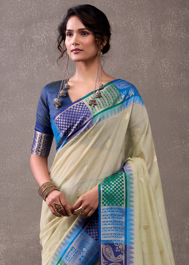 Tea Green Saree in Soft Modal Cotton with Rich Zari Weaving