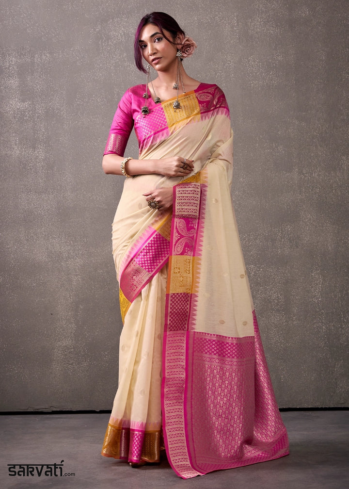 Beige Brown & Pink Saree in Soft Modal Cotton with Rich Zari Weaving