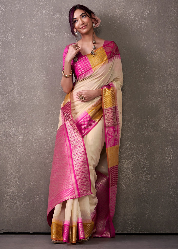 Beige Brown & Pink Saree in Soft Modal Cotton with Rich Zari Weaving