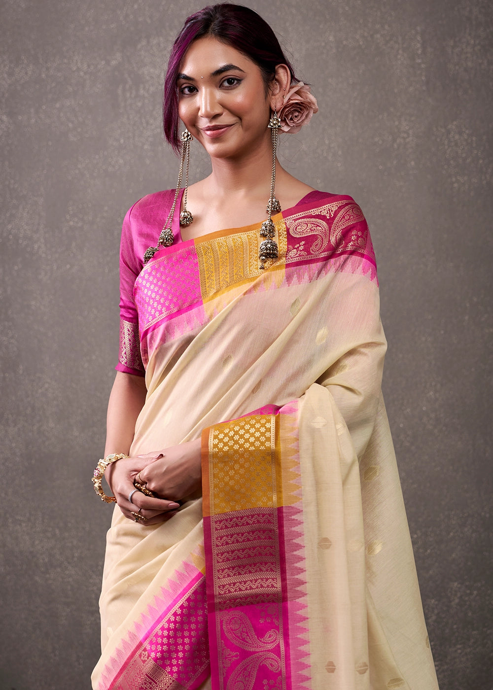 Beige Brown & Pink Saree in Soft Modal Cotton with Rich Zari Weaving
