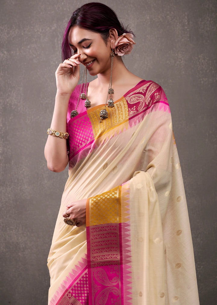 Beige Brown & Pink Saree in Soft Modal Cotton with Rich Zari Weaving