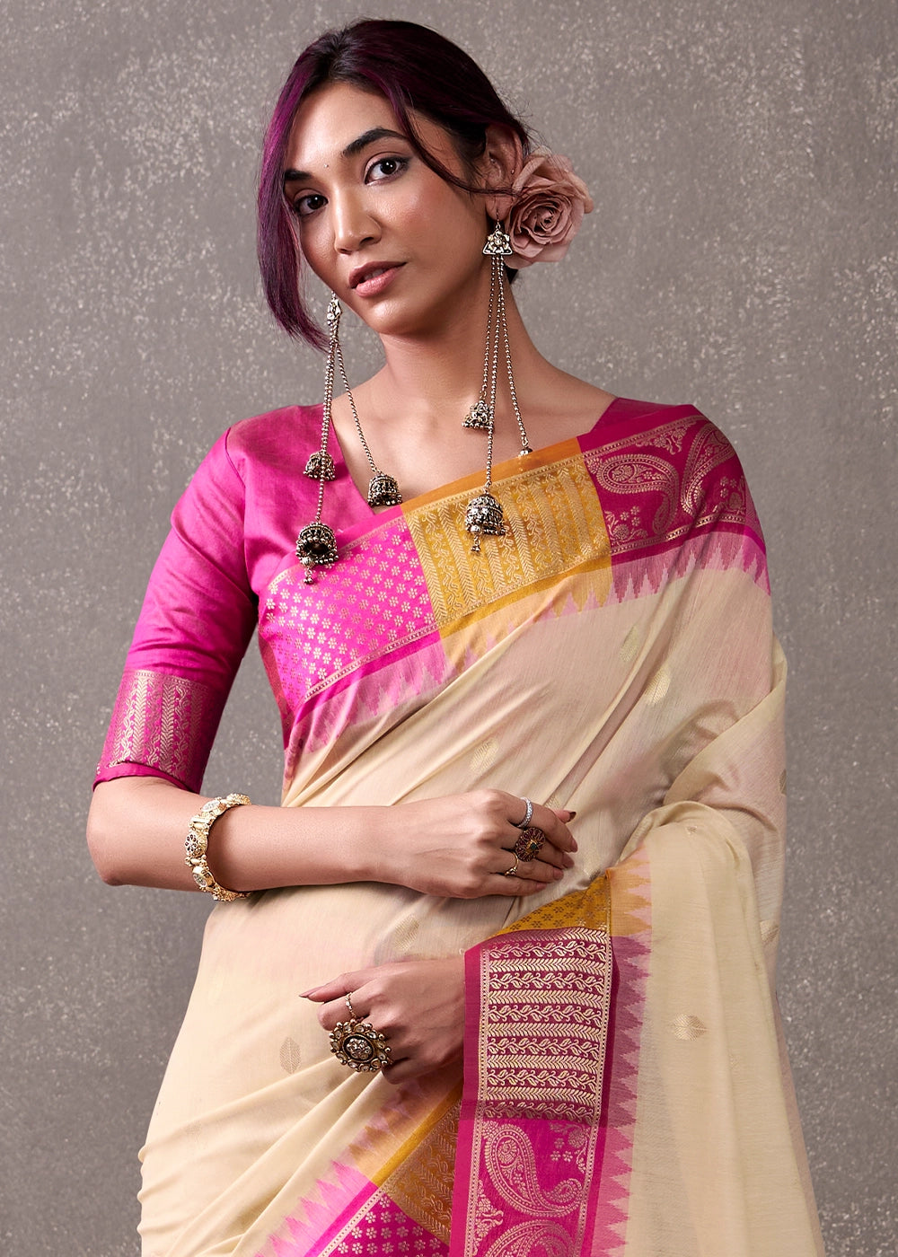 Beige Brown & Pink Saree in Soft Modal Cotton with Rich Zari Weaving