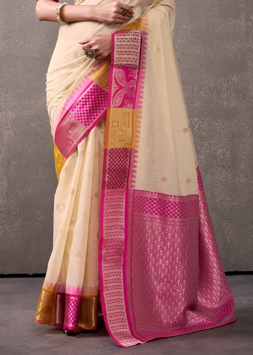 Beige Brown & Pink Saree in Soft Modal Cotton with Rich Zari Weaving