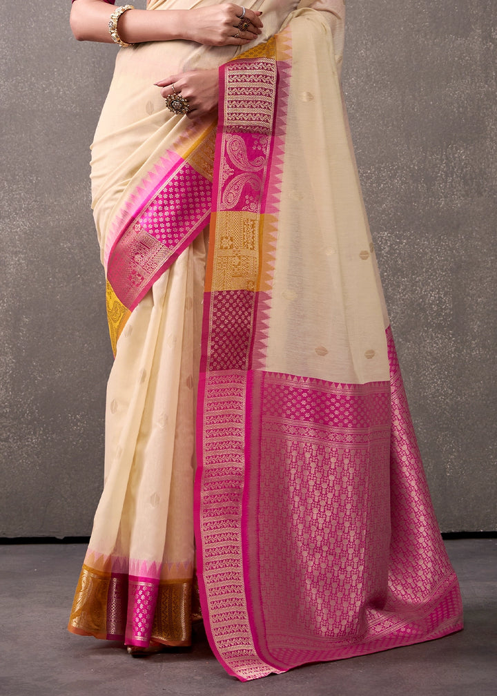 Beige Brown & Pink Saree in Soft Modal Cotton with Rich Zari Weaving