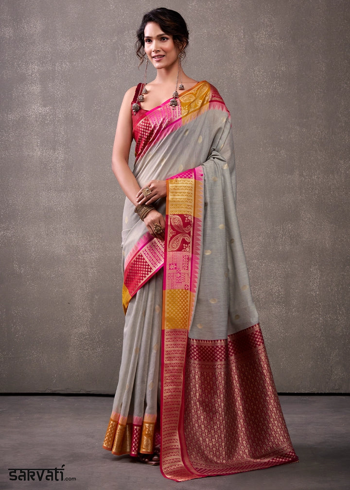 Seal Grey Saree in Soft Modal Cotton with Rich Zari Weaving