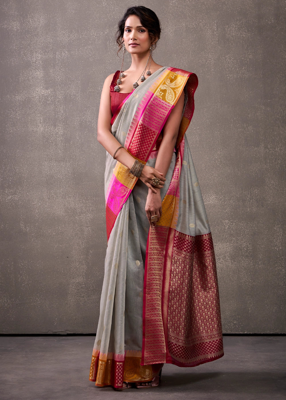 Seal Grey Saree in Soft Modal Cotton with Rich Zari Weaving