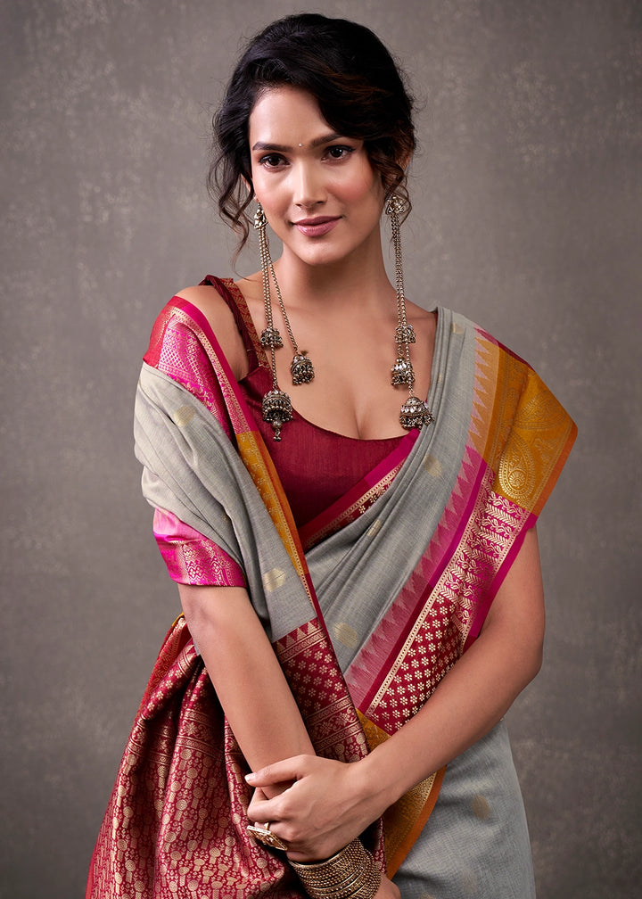 Seal Grey Saree in Soft Modal Cotton with Rich Zari Weaving