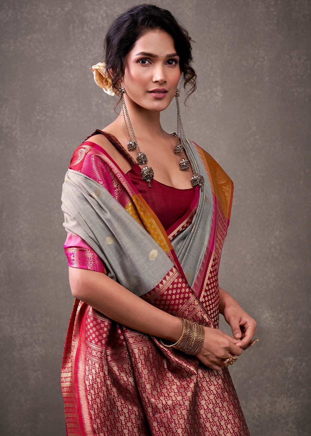 Seal Grey Saree in Soft Modal Cotton with Rich Zari Weaving