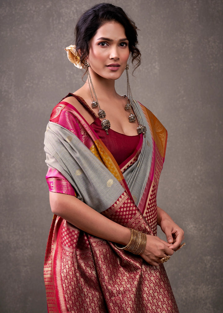 Seal Grey Saree in Soft Modal Cotton with Rich Zari Weaving