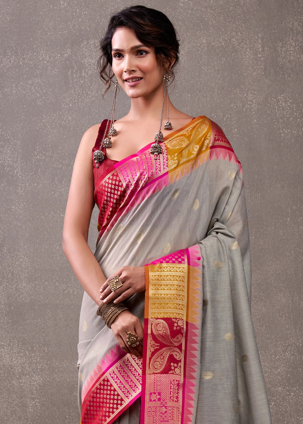Seal Grey Saree in Soft Modal Cotton with Rich Zari Weaving