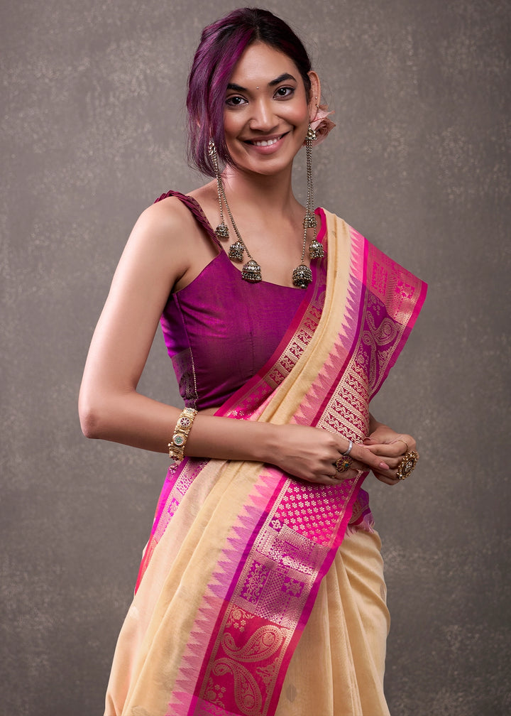 Flax Yellow Saree in Soft Modal Cotton with Rich Zari Weaving