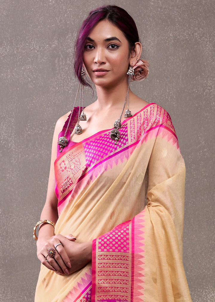 Flax Yellow Saree in Soft Modal Cotton with Rich Zari Weaving