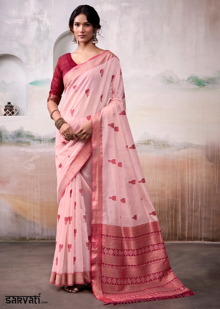 Baby Pink Saree in Modal Cotton with Zari Border and Rich Pallu