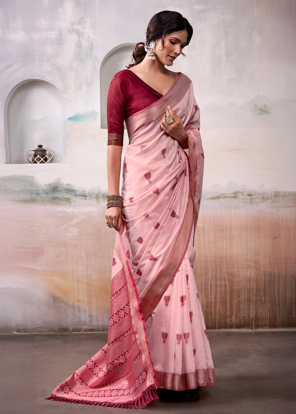 Baby Pink Saree in Modal Cotton with Zari Border and Rich Pallu