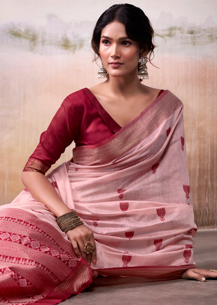 Baby Pink Saree in Modal Cotton with Zari Border and Rich Pallu