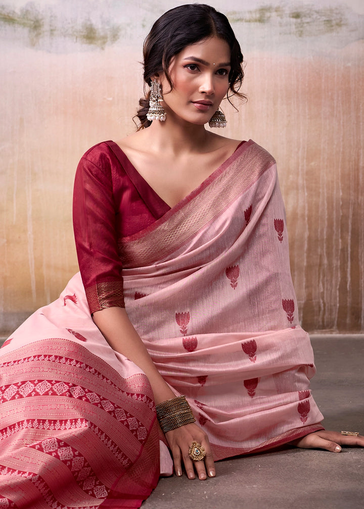 Baby Pink Saree in Modal Cotton with Zari Border and Rich Pallu
