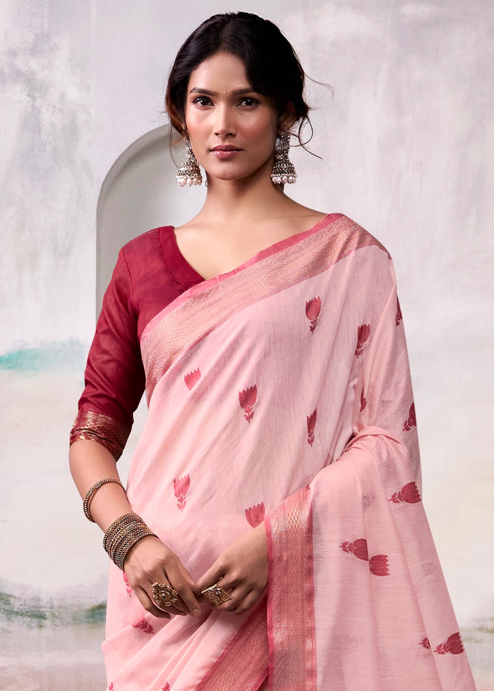 Baby Pink Saree in Modal Cotton with Zari Border and Rich Pallu