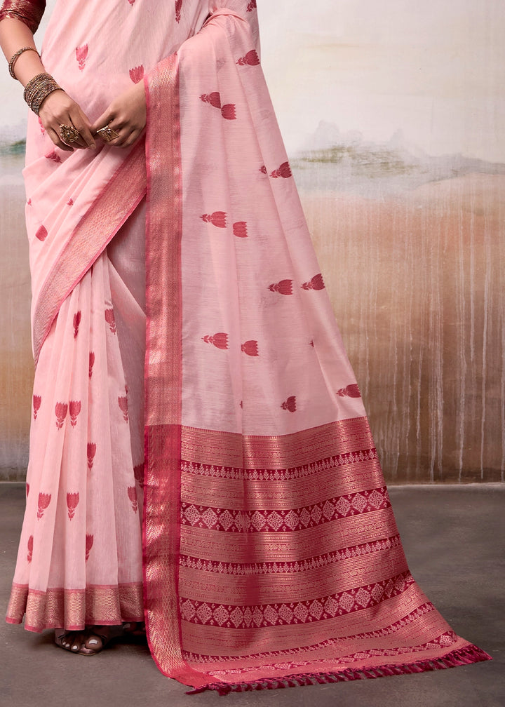 Baby Pink Saree in Modal Cotton with Zari Border and Rich Pallu