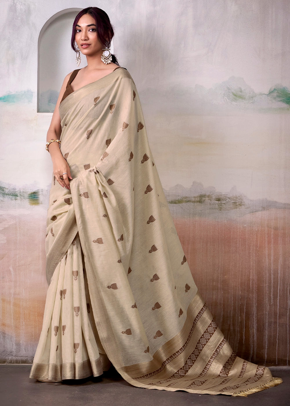 Parchment White Saree in Modal Cotton with Zari Border and Rich Pallu