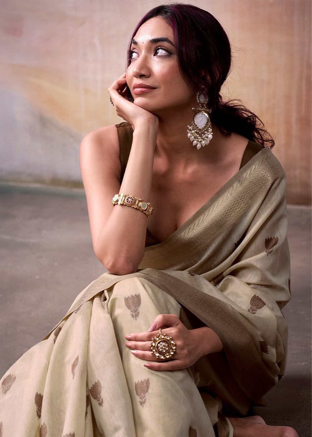 Parchment White Saree in Modal Cotton with Zari Border and Rich Pallu