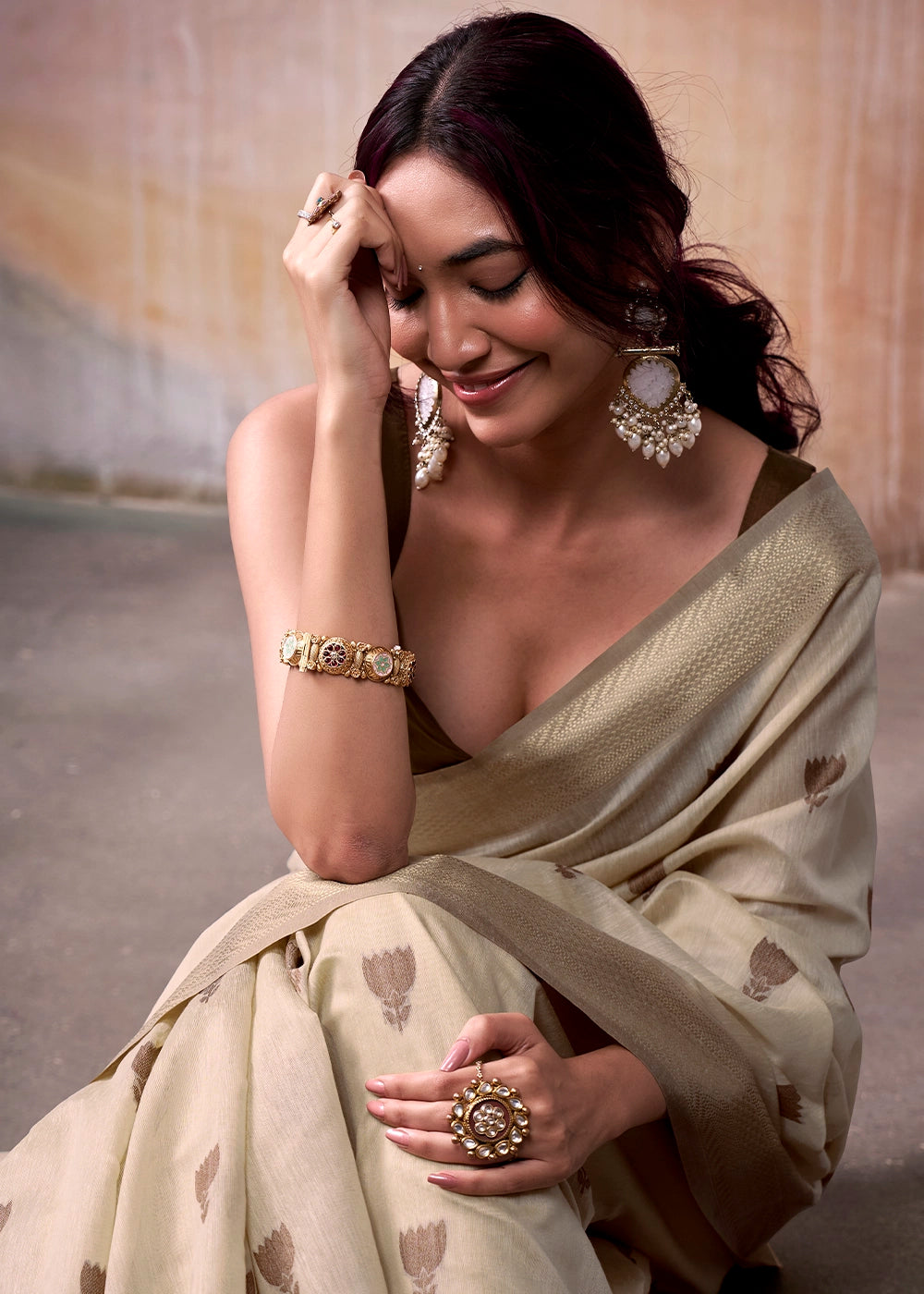 Parchment White Saree in Modal Cotton with Zari Border and Rich Pallu