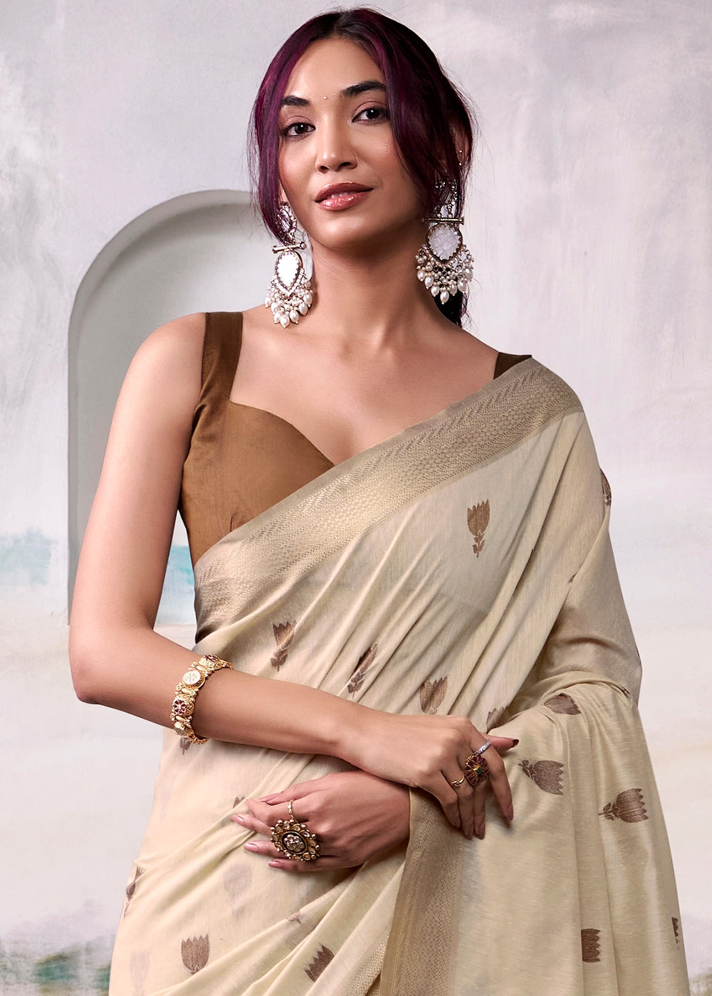 Parchment White Saree in Modal Cotton with Zari Border and Rich Pallu