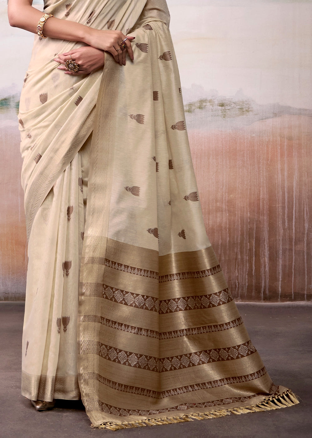 Parchment White Saree in Modal Cotton with Zari Border and Rich Pallu