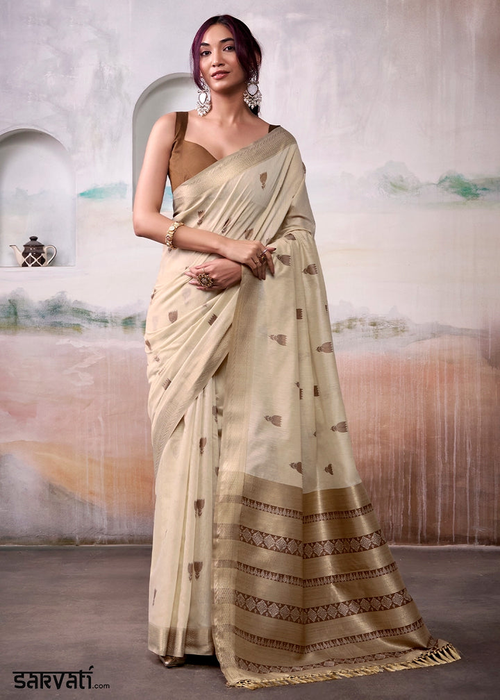 Parchment White Saree in Modal Cotton with Zari Border and Rich Pallu