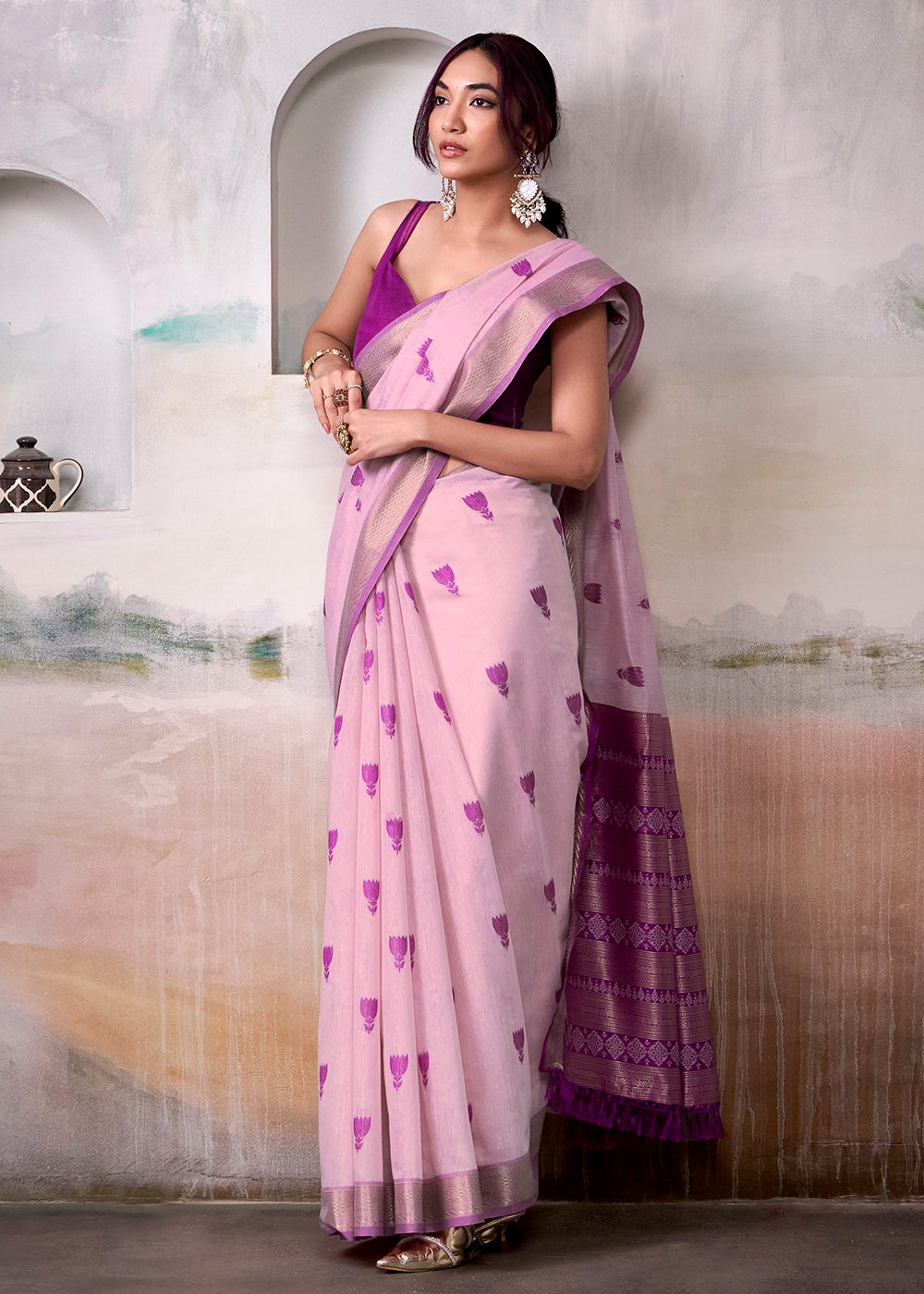 Light Pinkish Purple Saree in Modal Cotton with Zari Border and Rich Pallu