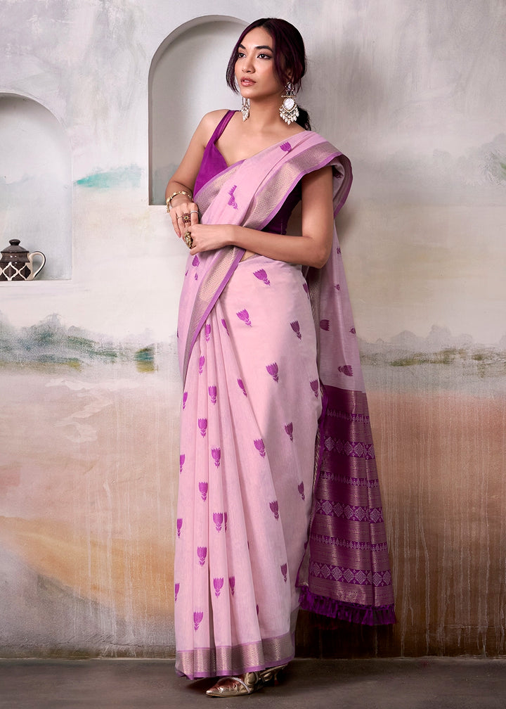 Light Pinkish Purple Saree in Modal Cotton with Zari Border and Rich Pallu