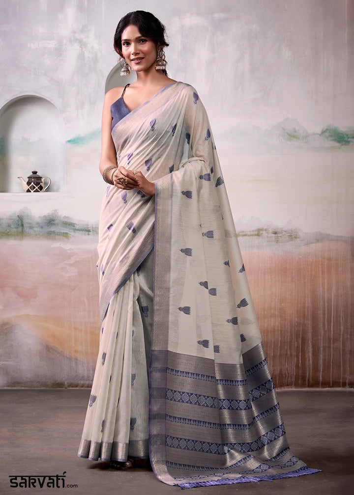 Light Grey Saree in Modal Cotton with Zari Border and Rich Pallu
