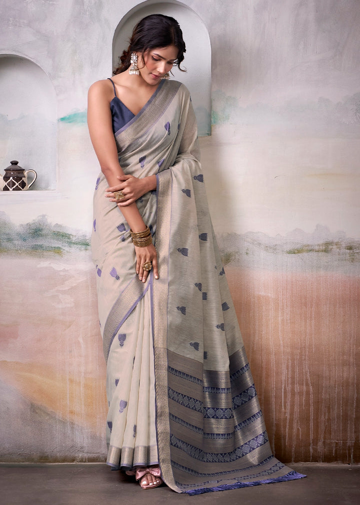 Light Grey Saree in Modal Cotton with Zari Border and Rich Pallu