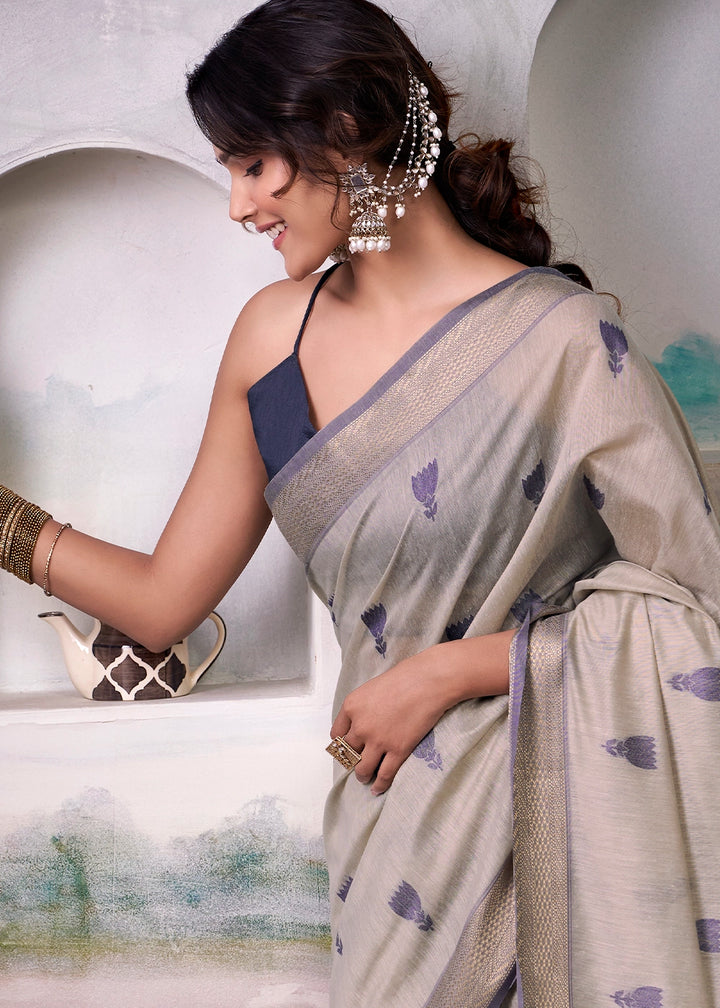 Light Grey Saree in Modal Cotton with Zari Border and Rich Pallu