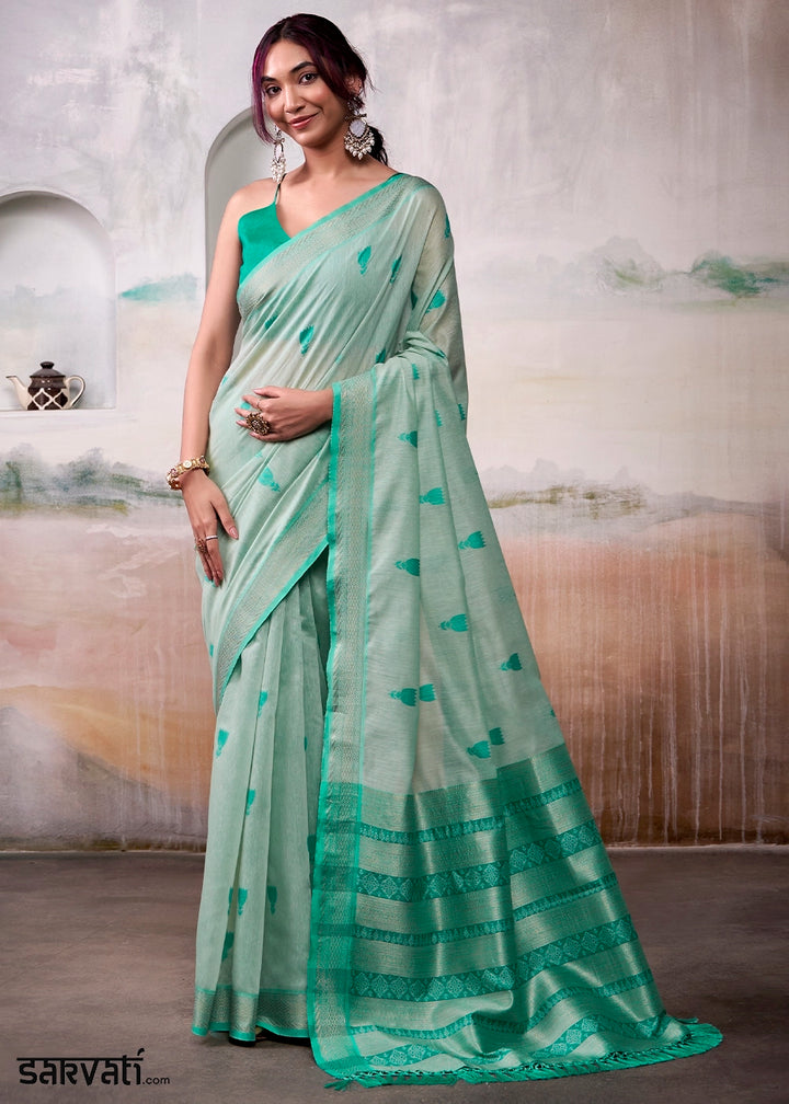 Light Green Saree in Modal Cotton with Zari Border and Rich Pallu