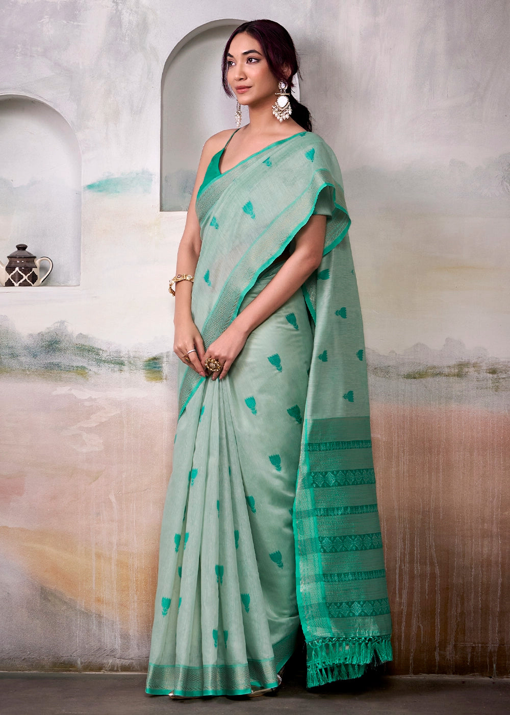 Light Green Saree in Modal Cotton with Zari Border and Rich Pallu