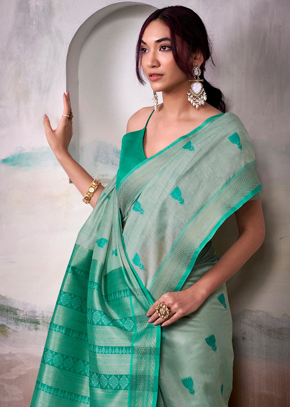 Light Green Saree in Modal Cotton with Zari Border and Rich Pallu